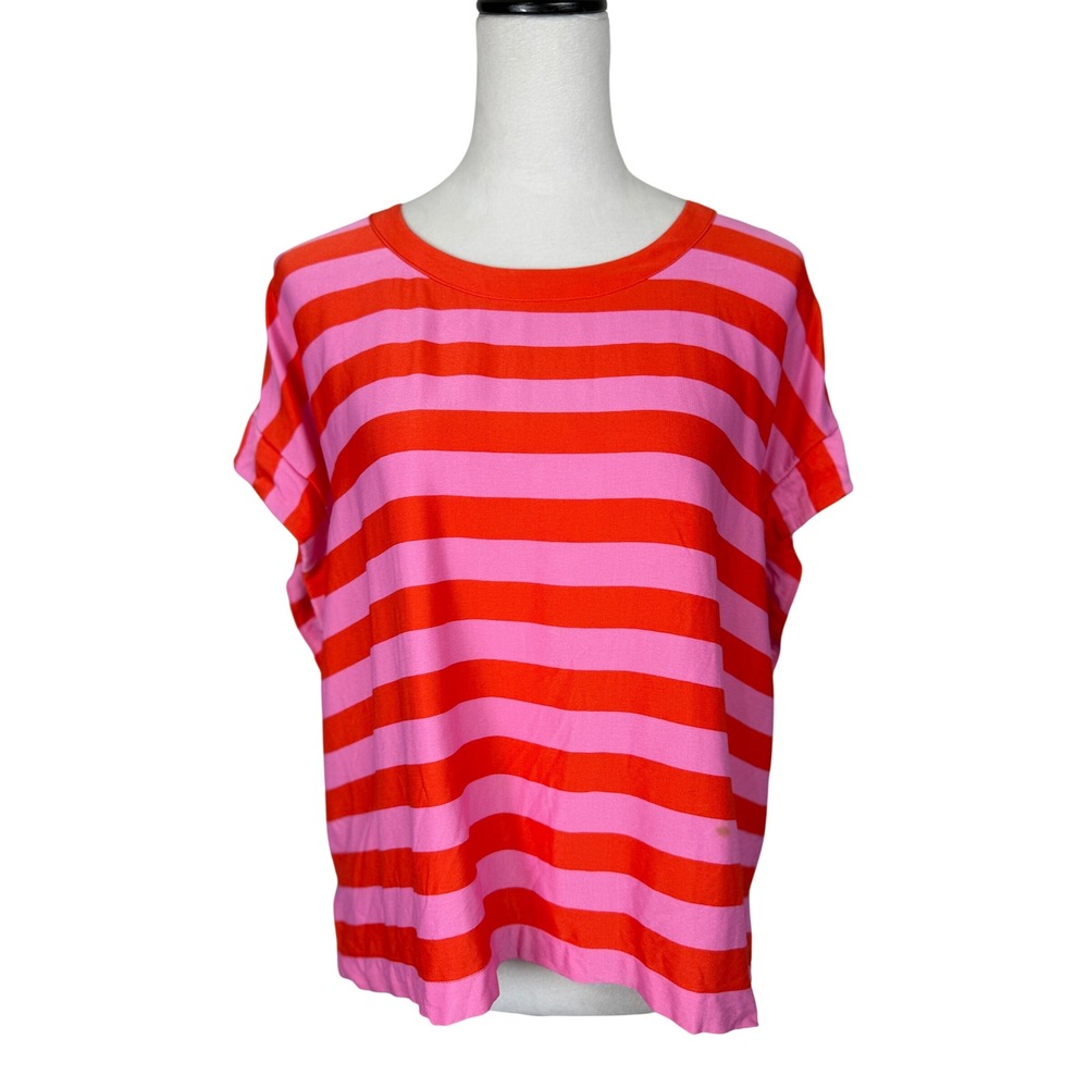 Maeve Anthropologie Womens Top XL Pink Orange Striped Button Back Short Sleeve